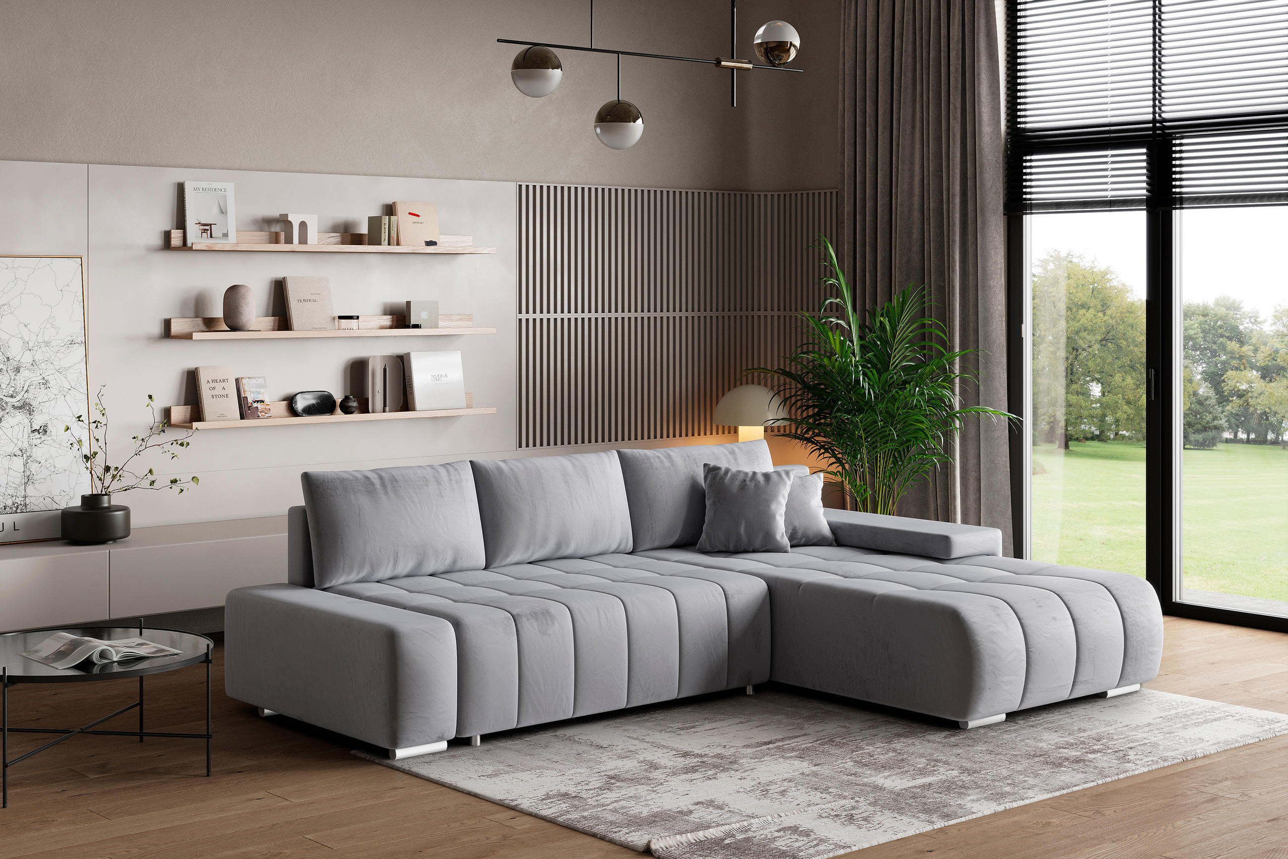 ECKSOFA ALESE R-S Hellgrau Velours-Stoff mit Schlaffunktion - Hellgrau, Holz (265/185cm) - MASSENO