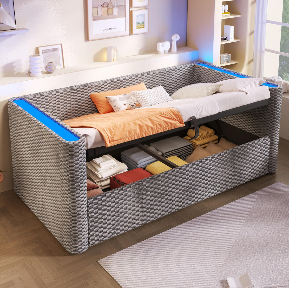 BETT 90/200 cm aus Samt mit Stauraum und LED-Beleuchtung - Grau, Textil (90/200cm) - Flora Grace