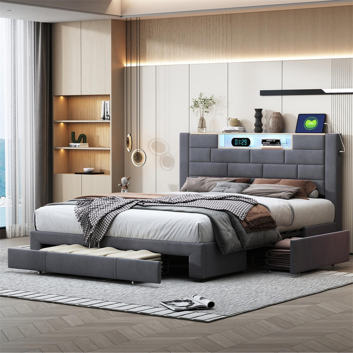 POLSTERBETT 140x200 cm - mit LED-Beleuchtung, USB/Type-C-Ladefunktion, Ablagekopfteil, Schubladen - Grau - Grau, Textil (140/200cm) - DELFA