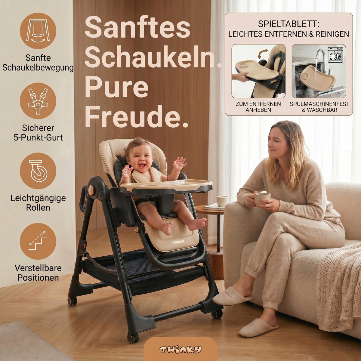 BABYHOCHSTUHL EXPLORE | Verwandlungsfähig | Beige und Schwarz - Beige/Schwarz, Leder/Kunststoff (69/110/110cm) - Twinky