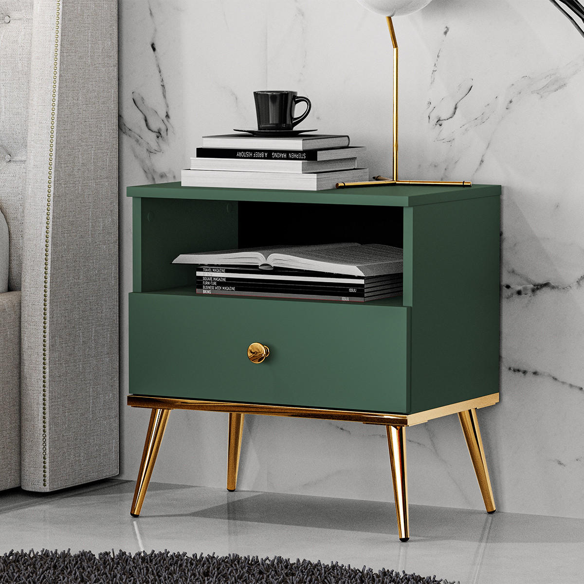 NOČNÍ STOLEK Thalia Zelená - zelená barva, kompozitní dřevo (50/53/34cm) - Petits-meubles