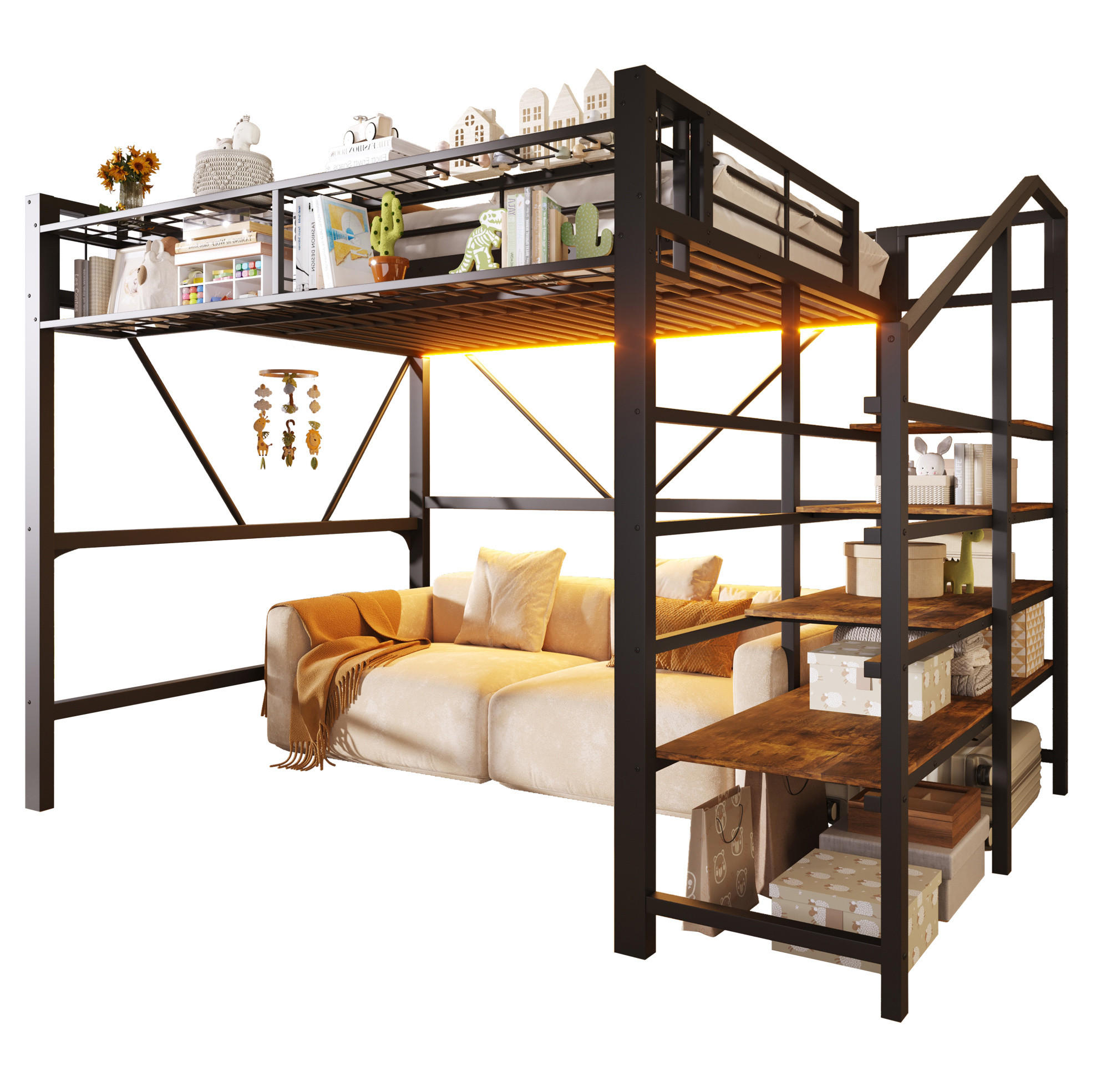 HOCHBETT 140/200 cm Schwarz aus Metall mit LED und Ablageregal ohne Matratze - Schwarz, Metall (140/200cm) - MIVRAY