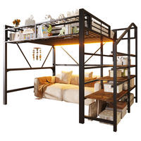 HOCHBETT 140/200 cm Schwarz aus Metall mit LED und Ablageregal ohne Matratze - Schwarz, Metall (140/200cm) - MIVRAY