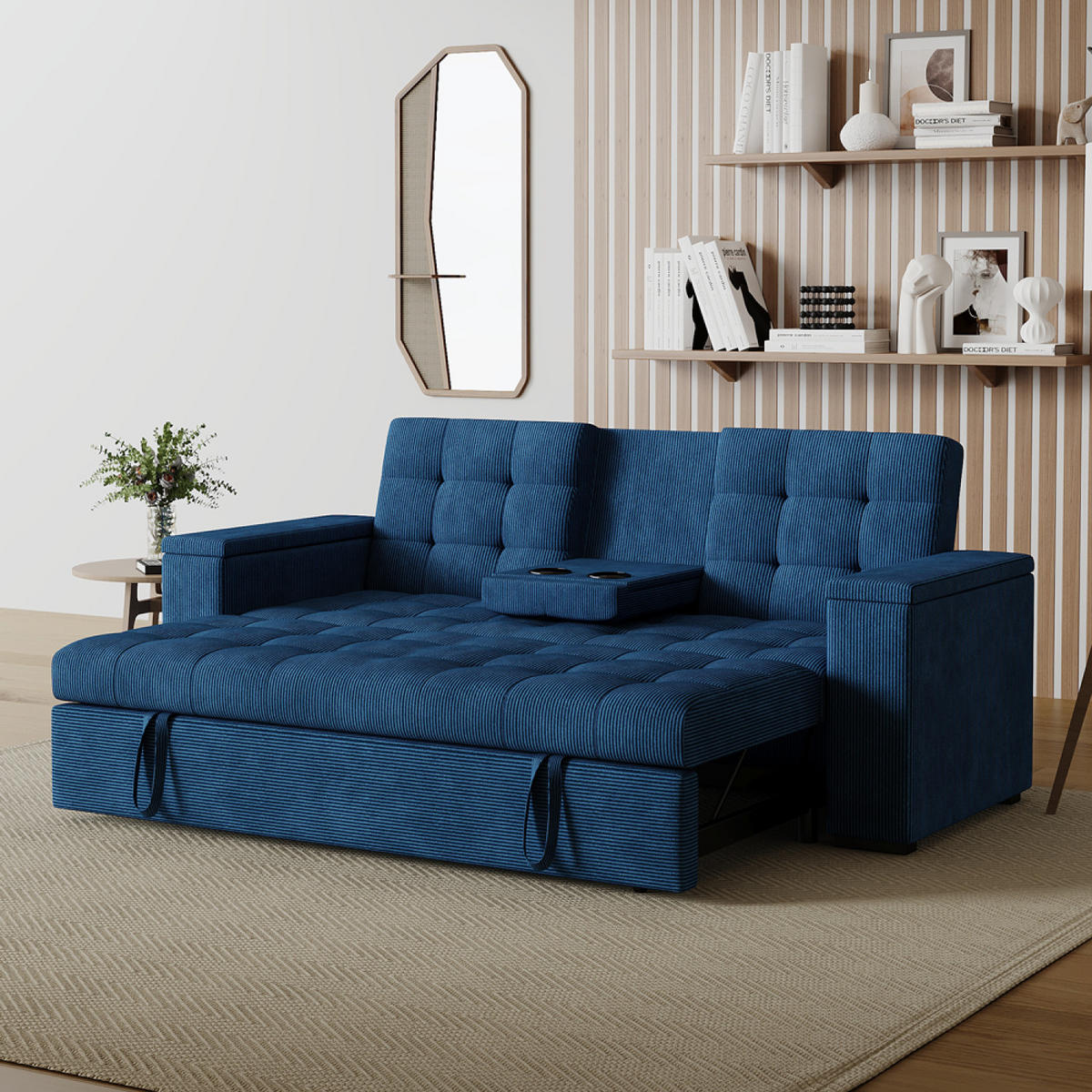 SCHLAFSOFA noho blau 3-sitzer cord - Blau, Holz (208/84/102cm) - Concept Usine