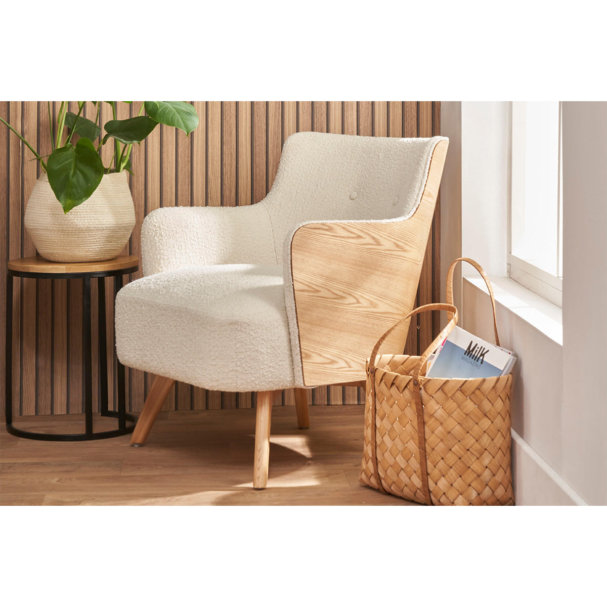 SESSEL skandinavisch Woll-Effekt Holz VALMY - Weiß, Textil (76/79/66cm) - Miliboo