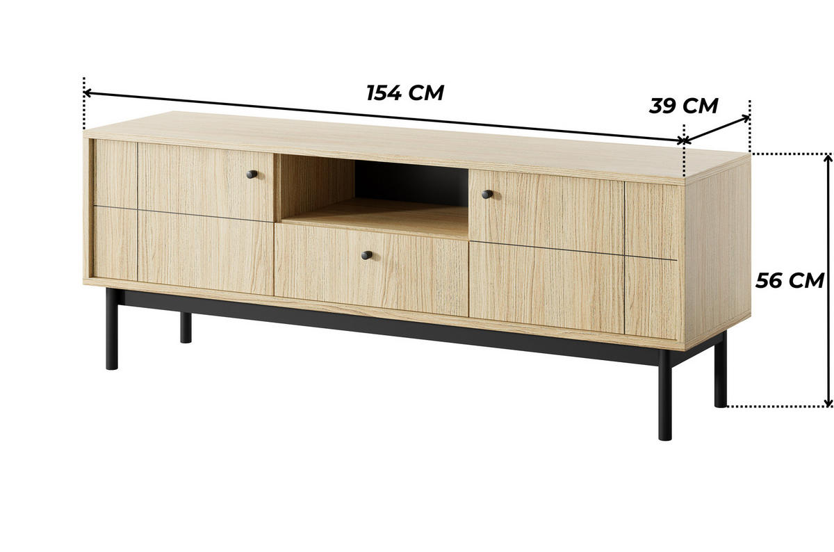 TV-BOARD SORA RTV2D1SZ (Eiche Linea, Gefräste Front, Haefele Soft-Close, Holzfüße) - Eichefarben/Schwarz, Holz/Holzwerkstoff (154/56/39cm) - Ravio