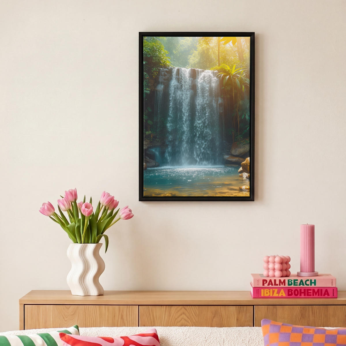 LEINWAND Bilder mit Rahmen - Wasserfall - Dschungel - Sonne - Grün - Natur - 20x30 - Grün, Textil (20/30cm) - MuchoWow