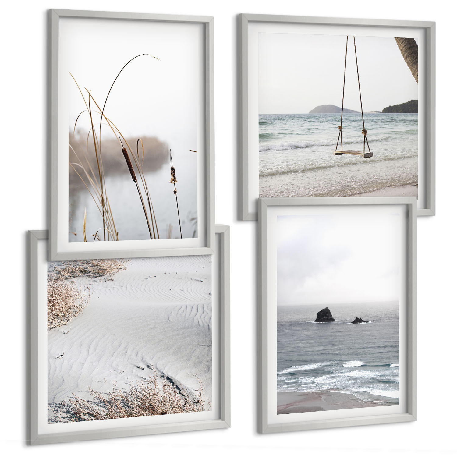 BILDER SET 4er Set - 50x50 cm & 40x60 cm Silberner Rahmen - Vegetation am Wasser im Sommer - Silberfarben, Kunststoff (50/50cm) - TULUP