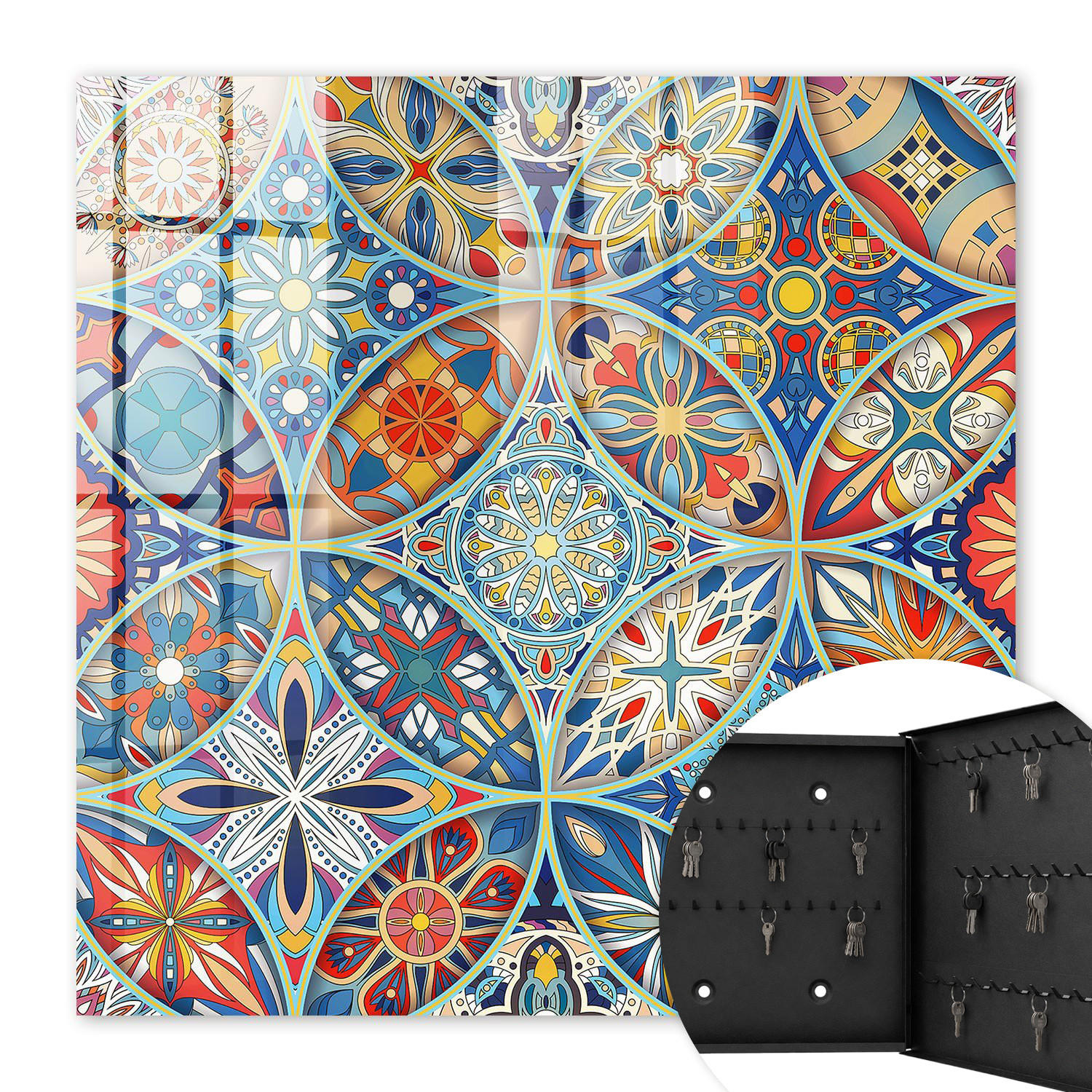 SCHLÜSSELBOX Schwarz 30x30 cm- Türöffnung nach rechts - Farbenfrohes Mosaik - Blau, Metall (30/30/5cm) - TULUP