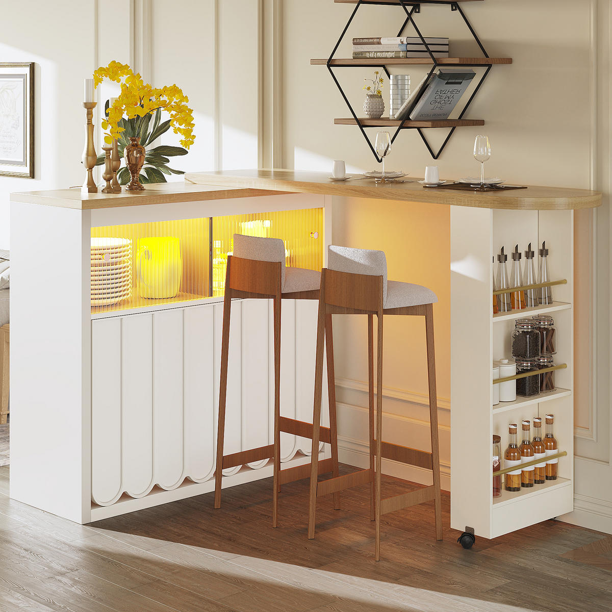 BARTISCH Ausziehbar 135-205cm LED Stauraum Weiß - Weiß, Glas (39/135/100cm) - FLIEKS