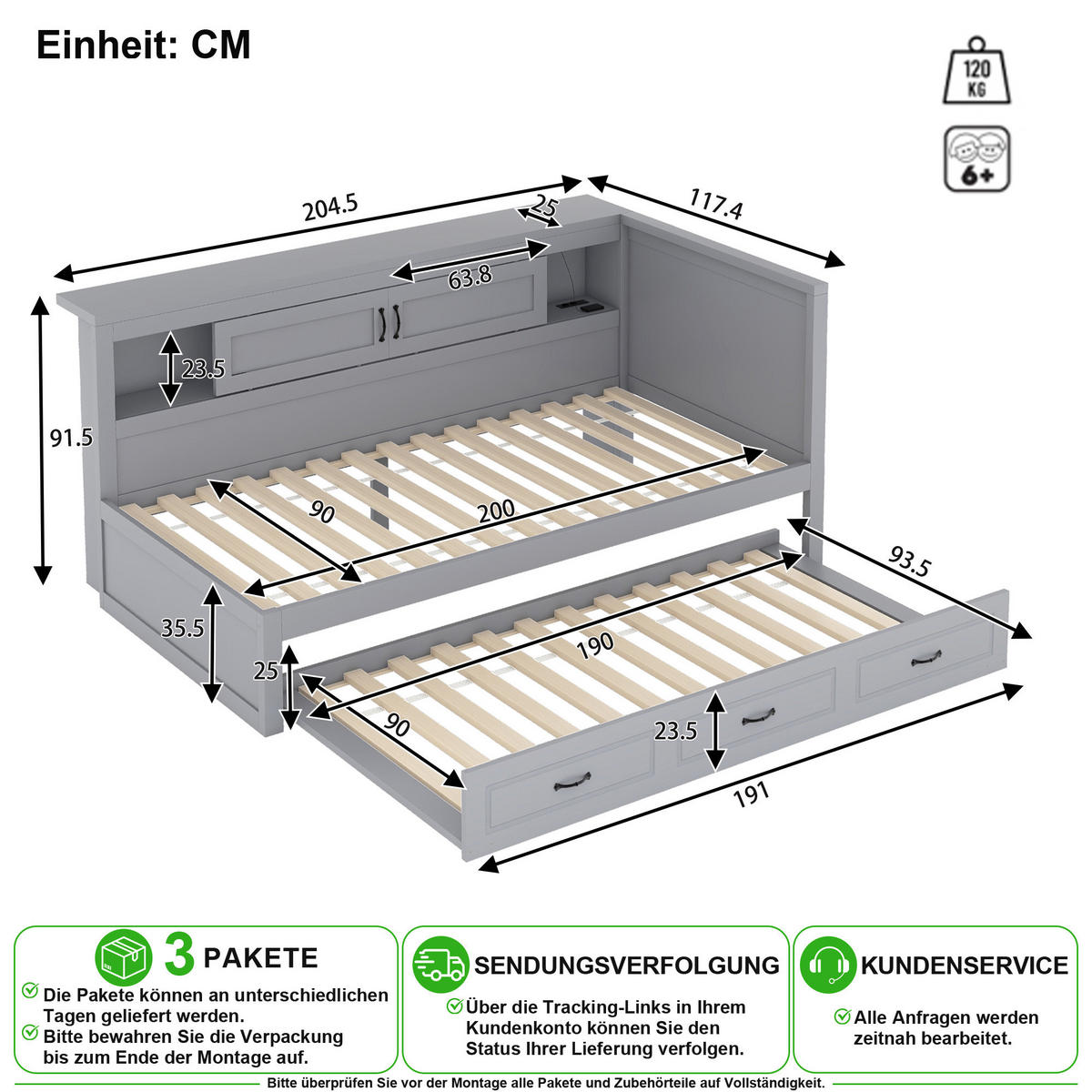 SCHLAFSOFA 90/200 cm & 90/190 cm in Grau mit Ausziehbett, LED und USB - Grau, Holz/Holzwerkstoff (90/200cm) - CHICFURN