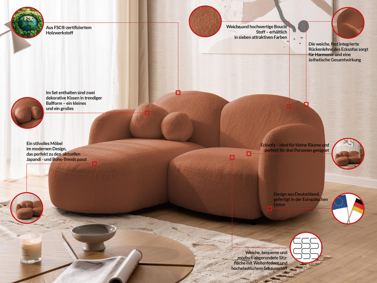 ECKSOFA Nuvola mit abgerundetem Design Terrakotta Bouclé-Stoff - Ottomane Links - Terra cotta/Schwarz, Holz/Kunststoff (190/146cm) - S-Style Möbel