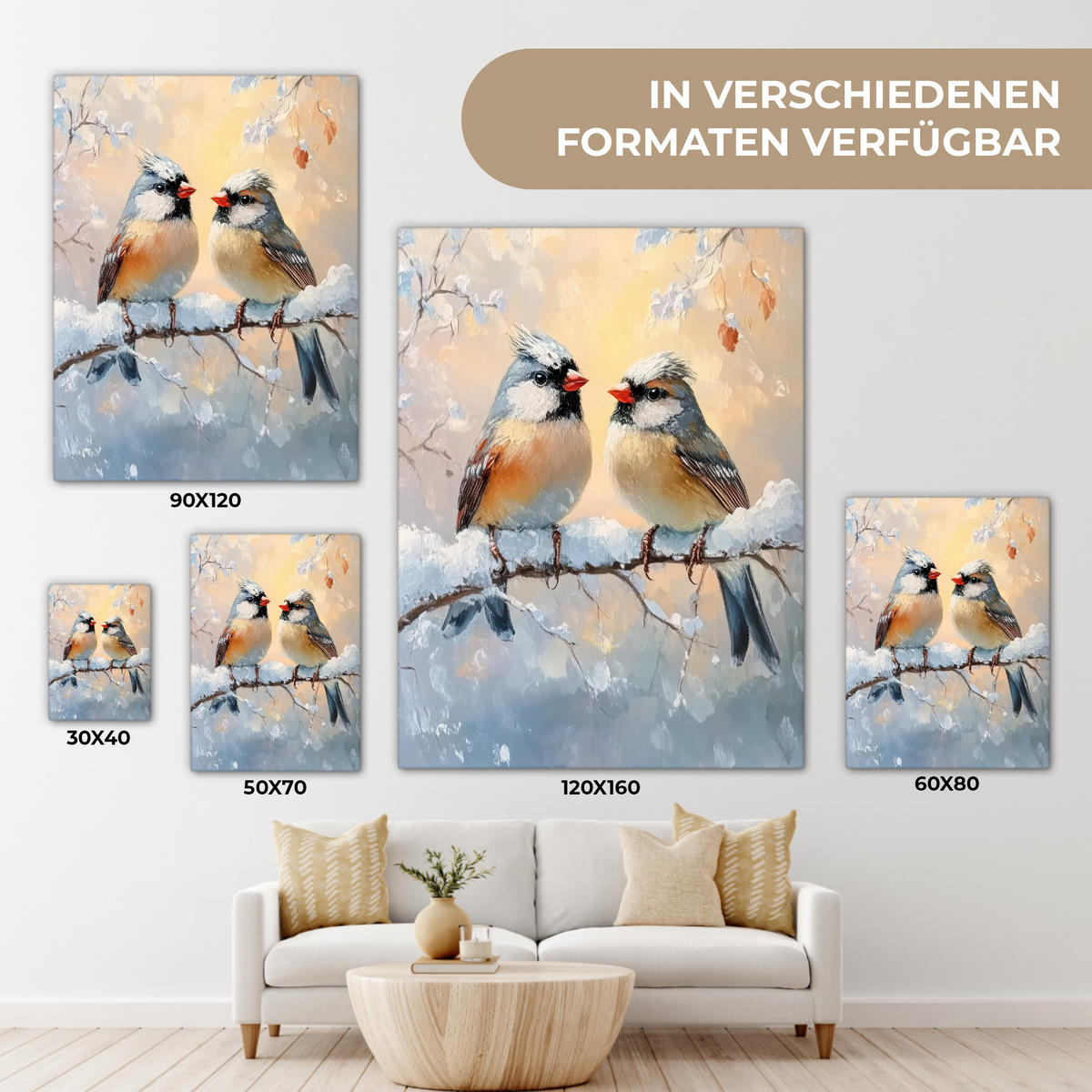 LEINWANDBILD Vögel - Zweig - Winter - Schnee 30x40 cm - Pastellblau, Textil (30/40cm) - MuchoWow