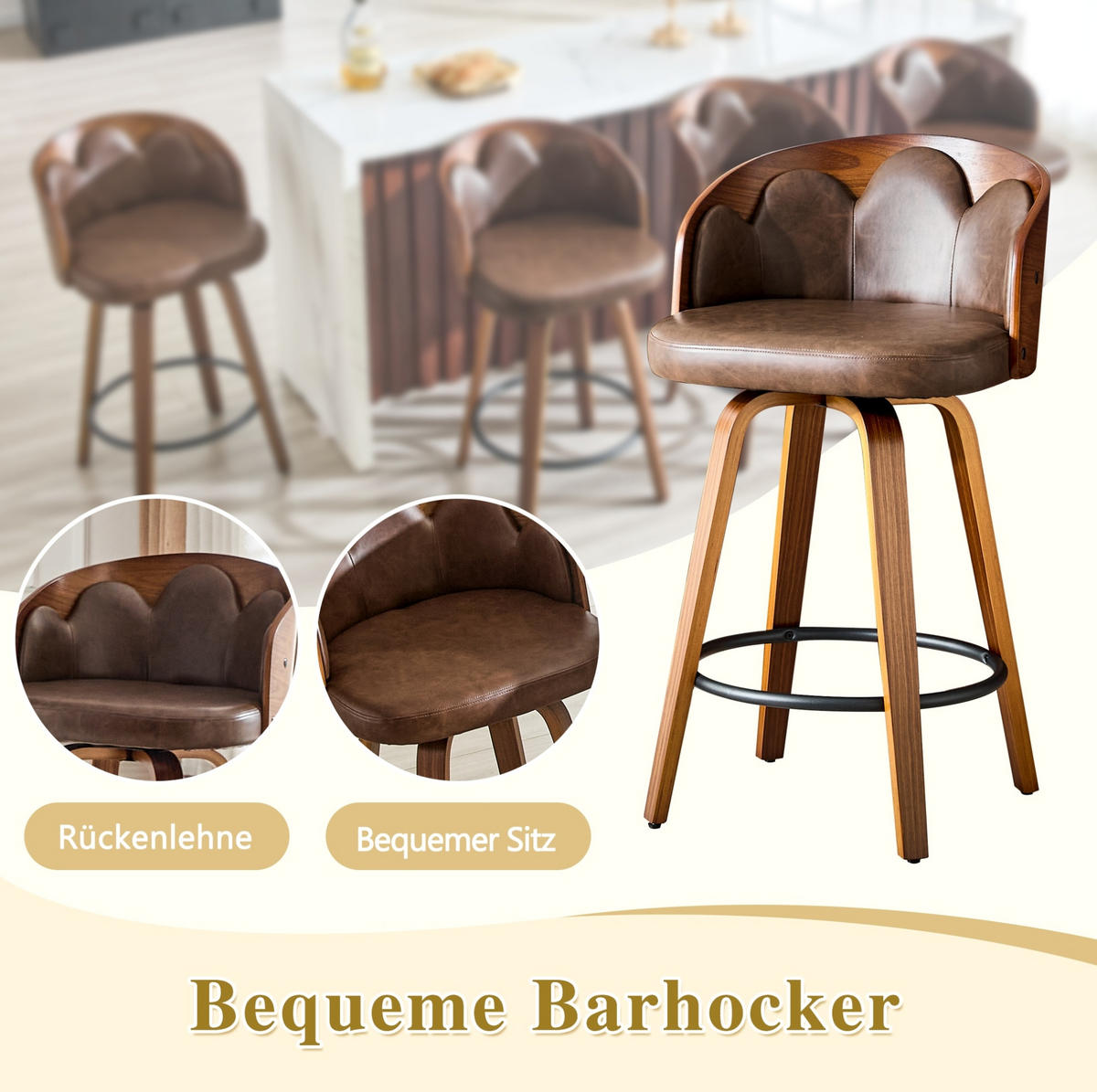 BARHOCKER 2er-Set mit Blüten-Rückenlehne Braun - Braun, Holz (41.5/89/46.5cm) - Meubliv