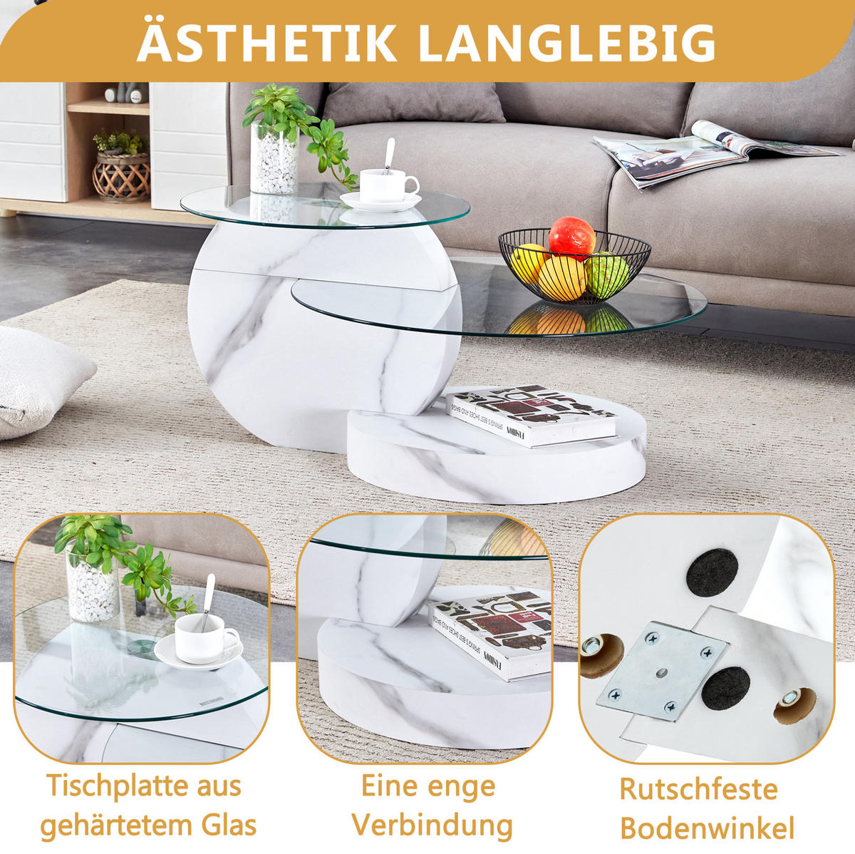 COUCHTISCH 50/70 cm aus Glas und MDF in Weiß mit mehrstufiger Ablage - Weiß, Holzwerkstoff (90/70/44cm) - Flora Grace