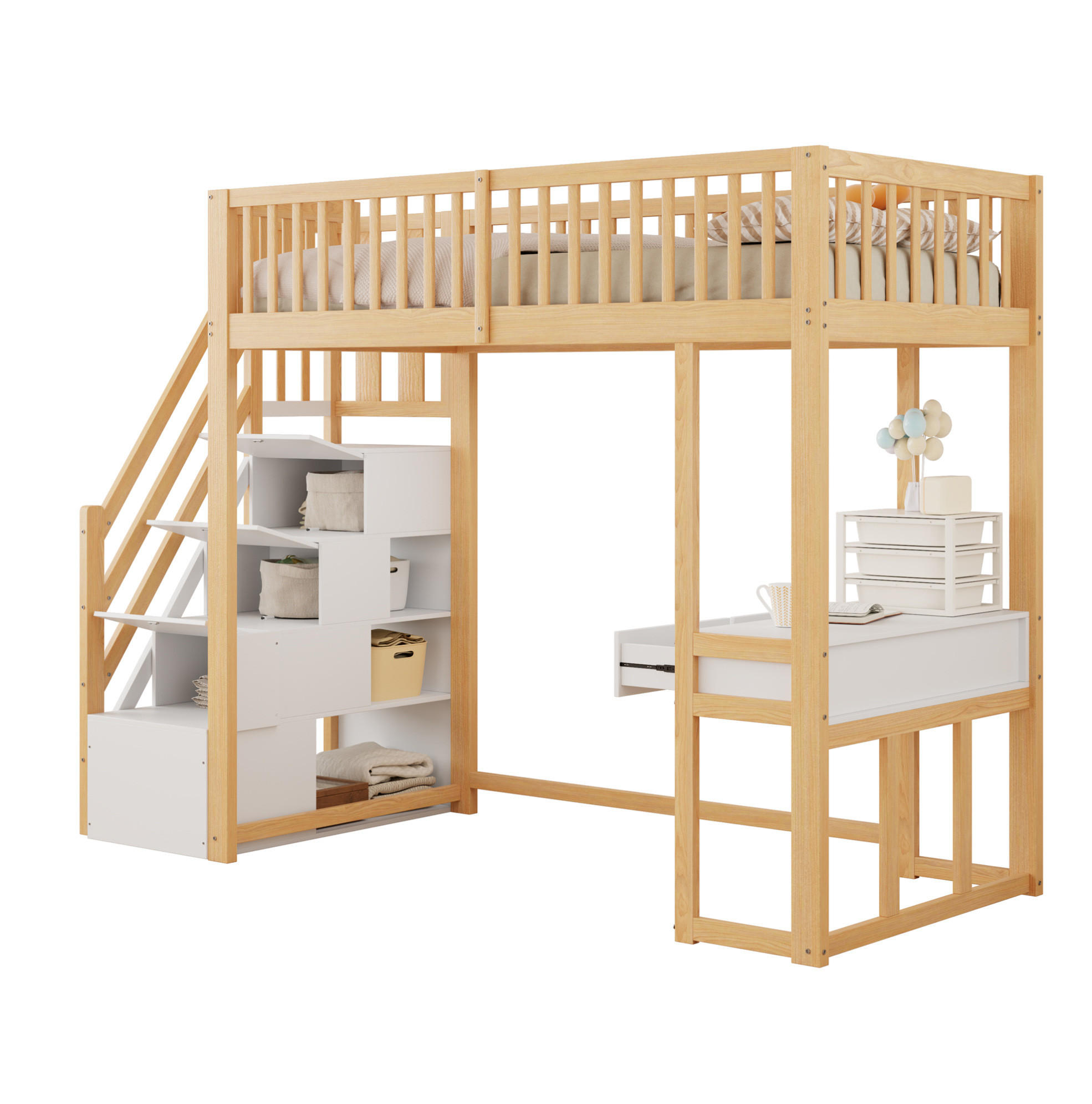 HOCHBETT 90/200 cm Weiß mit Tisch und Aufbewahrungstreppe - Weiß, Holz (90/200cm) - MIVRAY