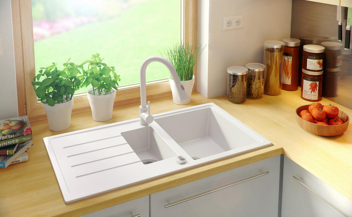 SPÜLBECKEN Kopenhagen Duo, 2-er set Alles Weiß 90/50 cm 1,5 Becken + Ablauf-Set ab 60er Unterschrank - Weiß, Kunststoff (90/19/50cm) - Primagran