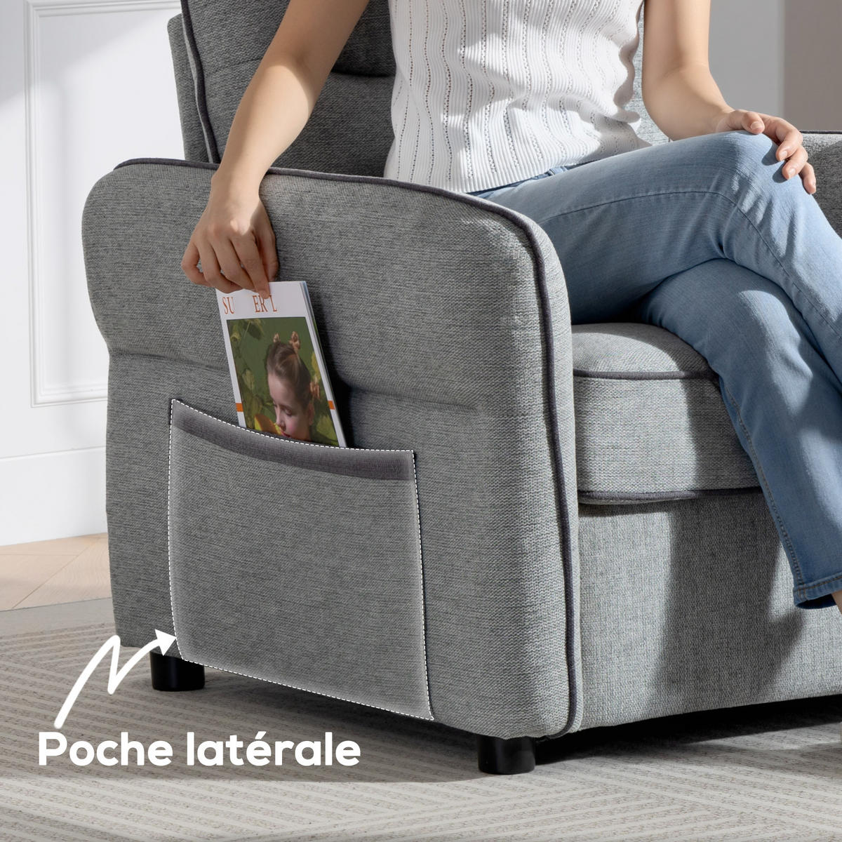SESSEL DE-13491 1-Sitzer mit Seitentasche, ägyptischer Samt Grau - Grau, Textil (80/90/81cm) - ComfortXL