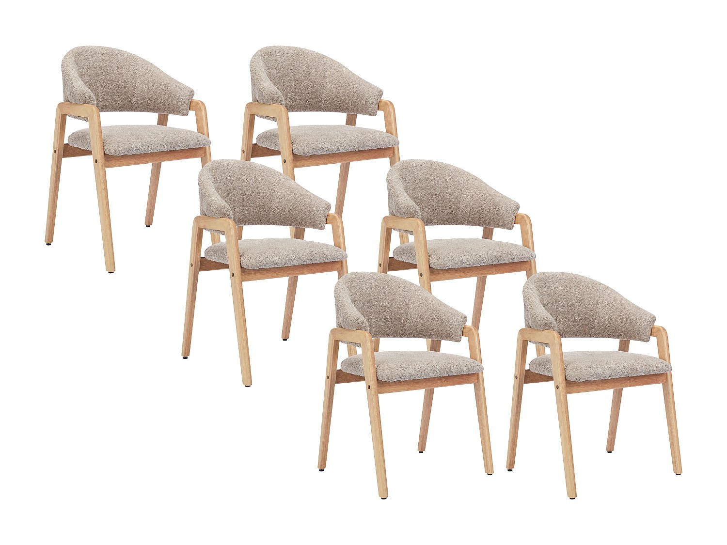 STUHL mit Armlehnen 6er-Set - Bouclé-Stoff & Kautschukholz - Taupe & Holzfarben - SOLUNA - Braun/Naturfarben, Textil (53.5/82/56cm) - Vente-Unique
