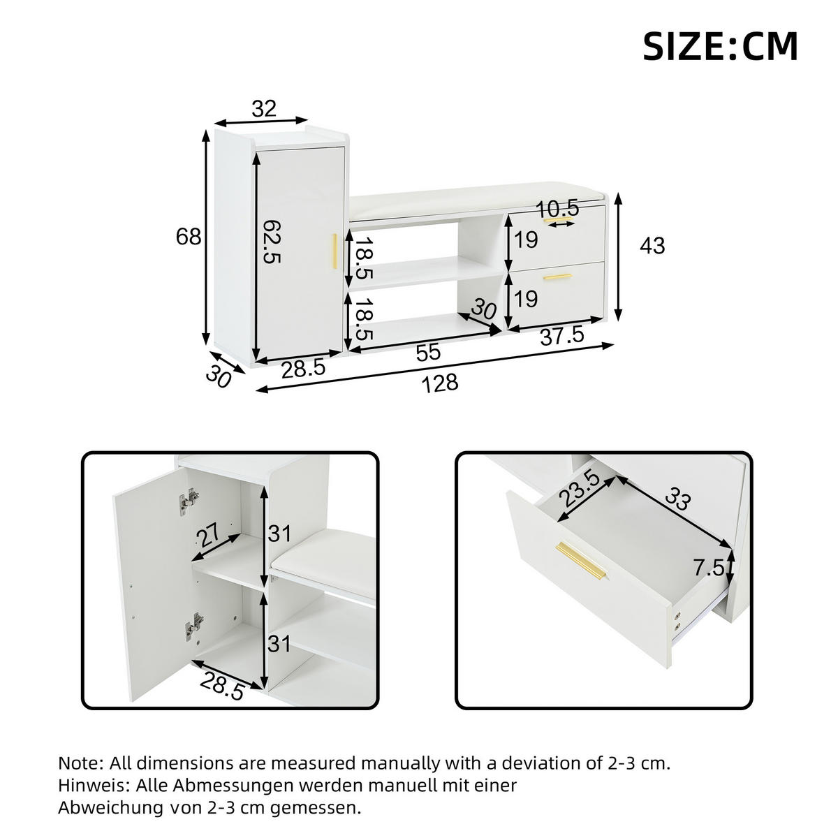 SCHUHSCHRANK Weiß Hochglanz 2 Schubladen 128x30x68cm Sitzbank - Weiß, Holzwerkstoff (30/68/128cm) - FLIEKS