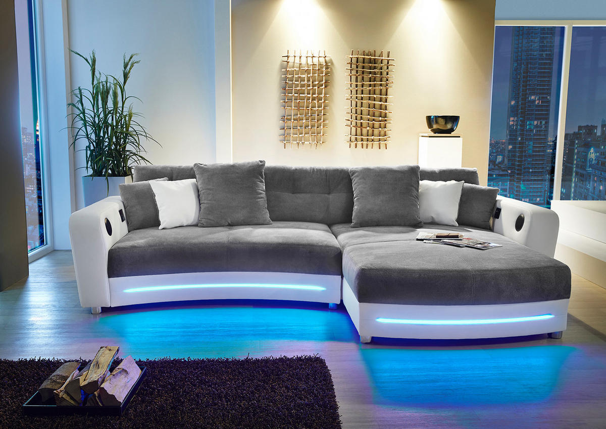 MULTIMEDIA-ECKSOFA Soundsystem RGB-LED Beleuchtung Bluetooth USB AUX-in, seitenverkehrt montierbar B322/T190/H88cm, Kunstleder Weiß-Mikrof.Grau/15410 - Chromfarben/Weiß, Textil/Metall (322/88/190cm) - luma-home