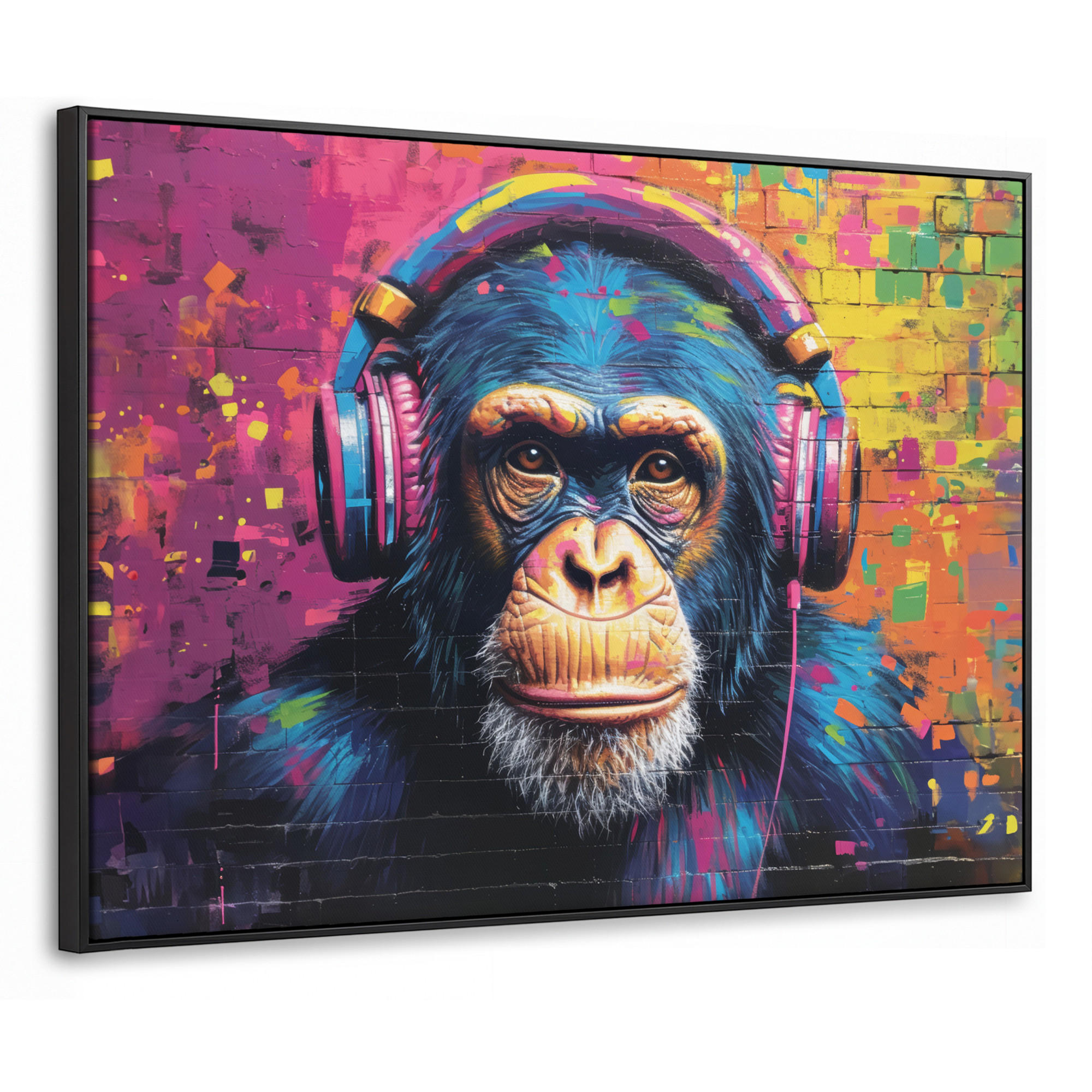 LEINWAND Bilder mit Rahmen - Graffiti - Schimpanse - Straßenkunst - Kopfhörer - Affe - 100x70 - Blau, Textil (100/70cm) - MuchoWow