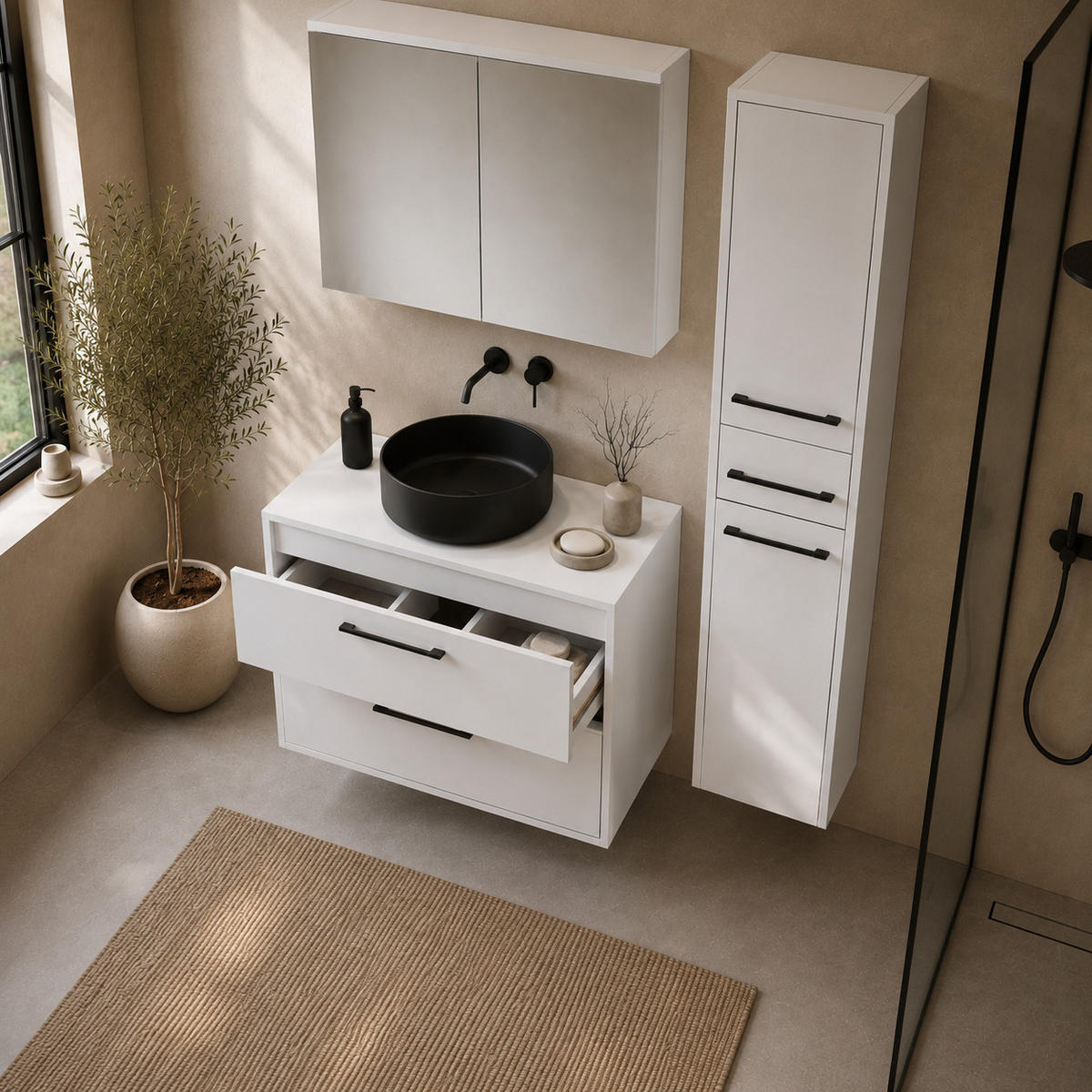 BADMÖBEL-SET Florence 3 Teile Hochglanz Weiß - 80 x 46 x 46 cm - Weiß, Holz (80/46/46cm) - Badplaats
