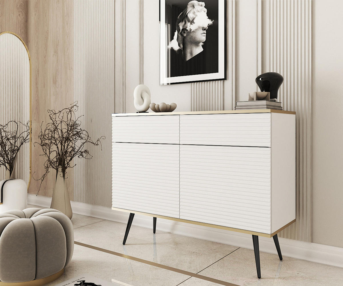 KOMMODE FORNO (Weiß, Rillenfront, Goldene Details, 2 Türen, 2 Schubladen, schwarze Metallfüße, 107 cm) - Schwarz/Weiß, Holz/Holzwerkstoff (107/85/39cm) - Ravio