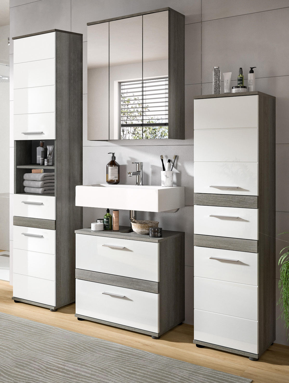 BADMÖBEL-SET weiß Hochglanz, grau 4-teilig 160 cm, Kombination mit viel Stauraum - Weiß Hochglanz/Grau, Holzwerkstoff/Metall (160/191/34cm) - Inn.Furn