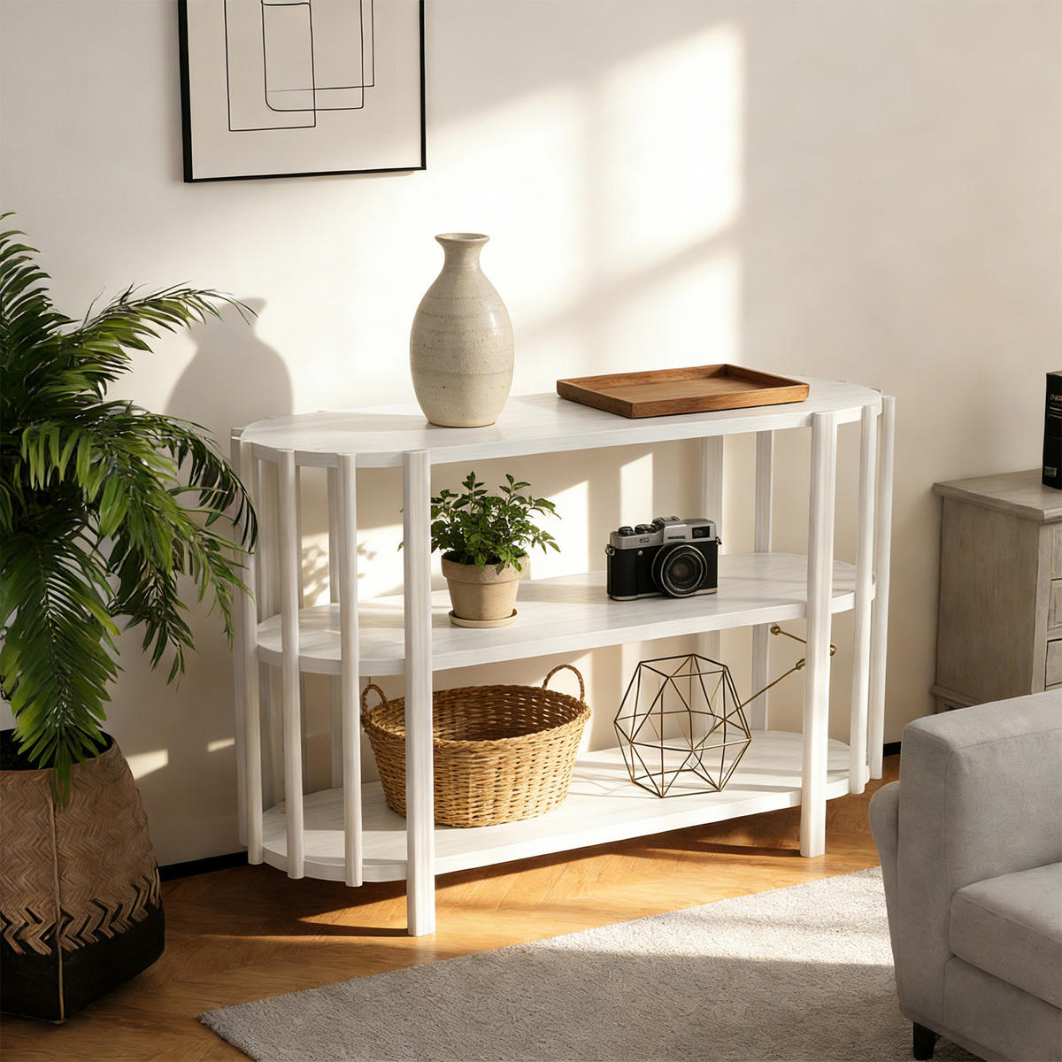 OVALER Couchtisch mit 3 Ablagen – Wohnzimmertisch in Holzoptik, MDF, 114 × 38 × 75 cm, Weiß - Weiß, Holzwerkstoff (114/38/75cm) - Ej. Life