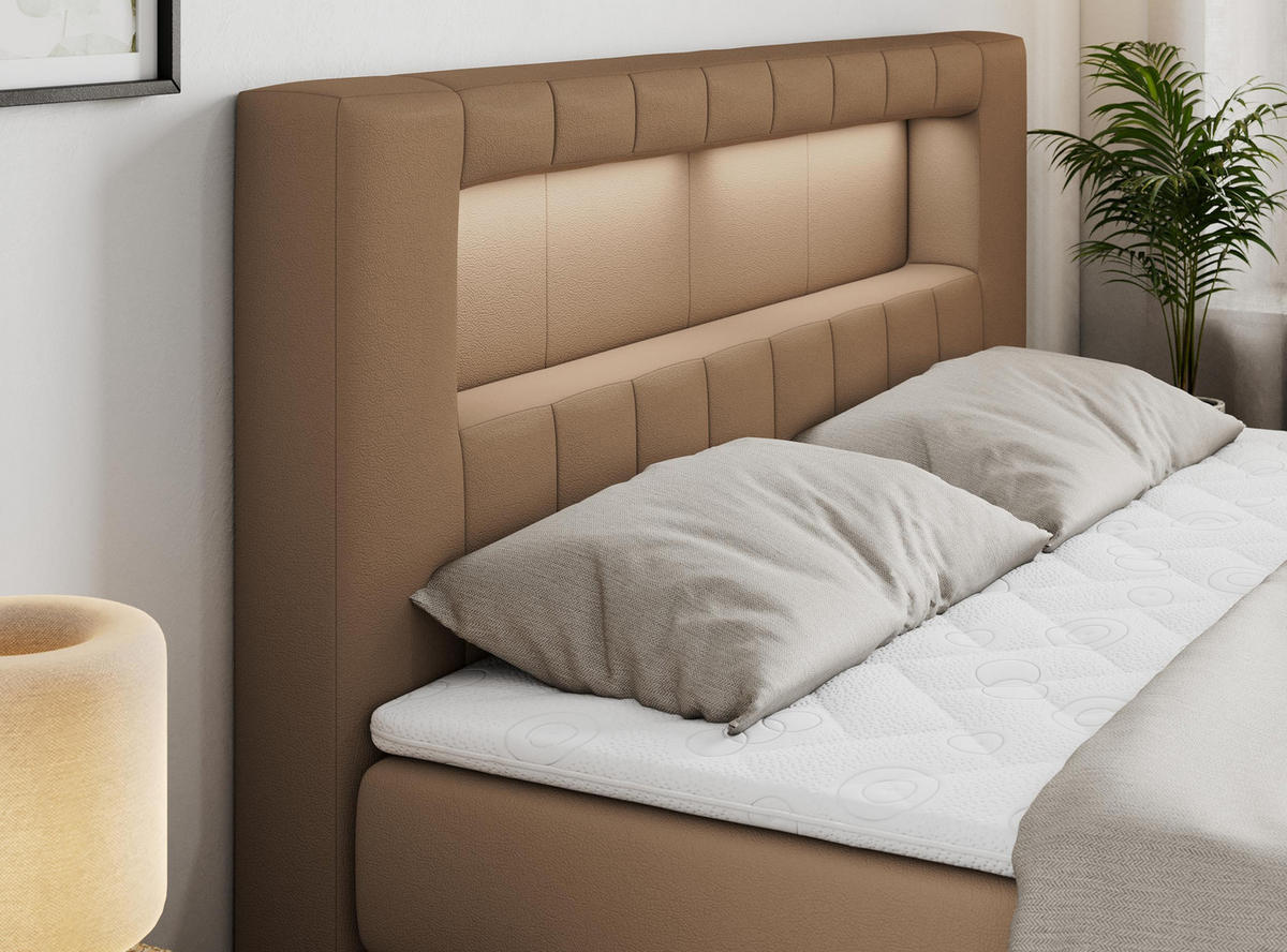 BOXSPRINGBETT GOLD-5 KING LED 200/200 Braun Kunstleder - H3 - Braun, Holz/Textil (200/200cm) - MKS