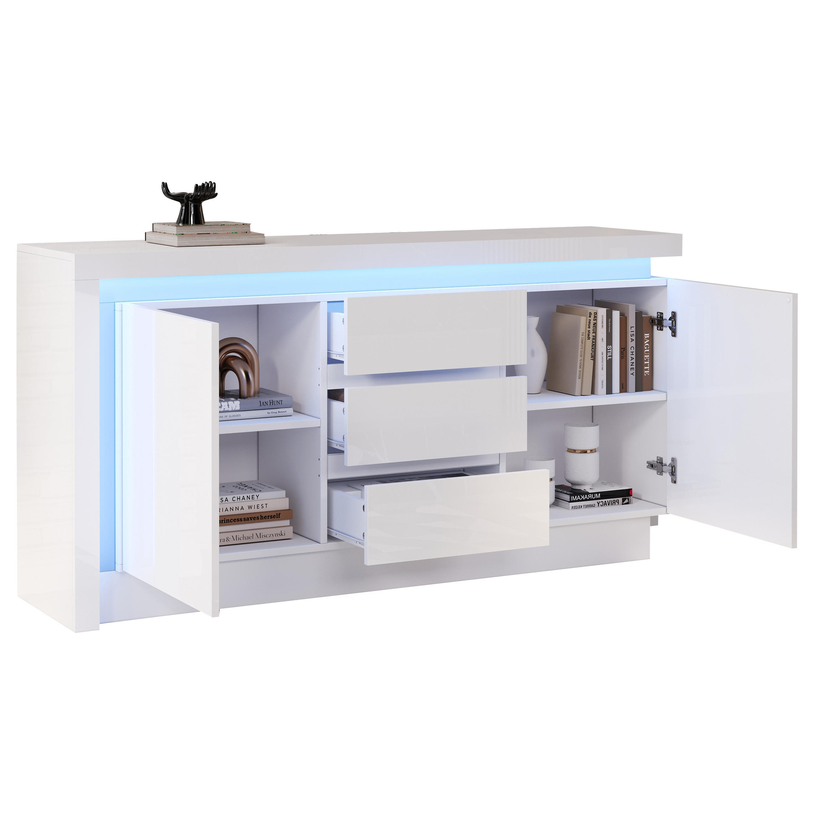 SIDEBOARD LED Weiß 2 Türen 3 Schubladen 140x35x72cm Hochglanz - Weiß, Holzwerkstoff (35/72/140cm) - FLIEKS