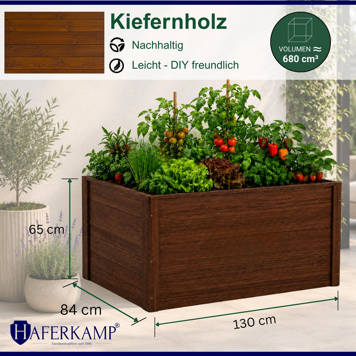 HOCHBEET HARZ aus Holz mit Schutzfolie 65x130x84 cm Außenbereich Braun Holz - Braun, Holz (130/65/84cm)