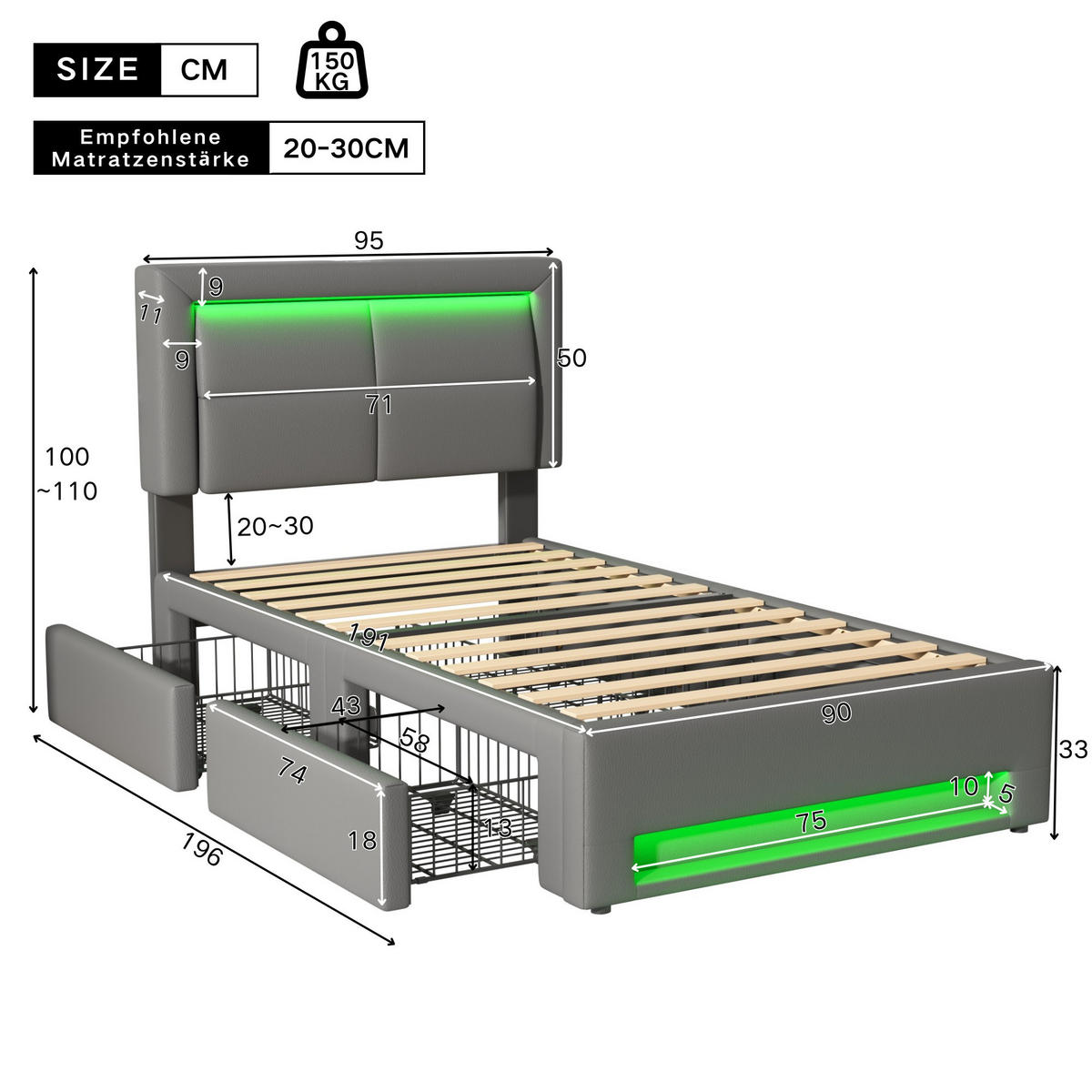 POLSTERBETT 90x190cm Grau PU Mit USB LED & 4 Schubladen - Grau, Leder (90/190cm) - FLIEKS