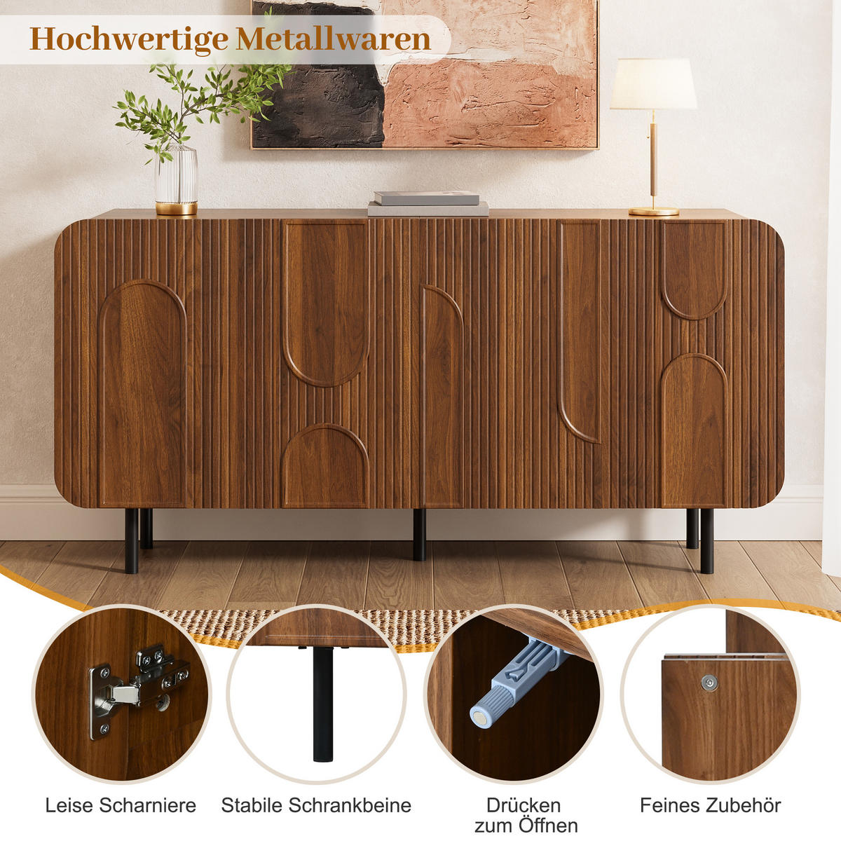 SIDEBOARD Mid-Century 4 Türen Nussbaum 8 Fächer modern - Walnussfarben, Holzwerkstoff (40/79/160cm) - FLIEKS