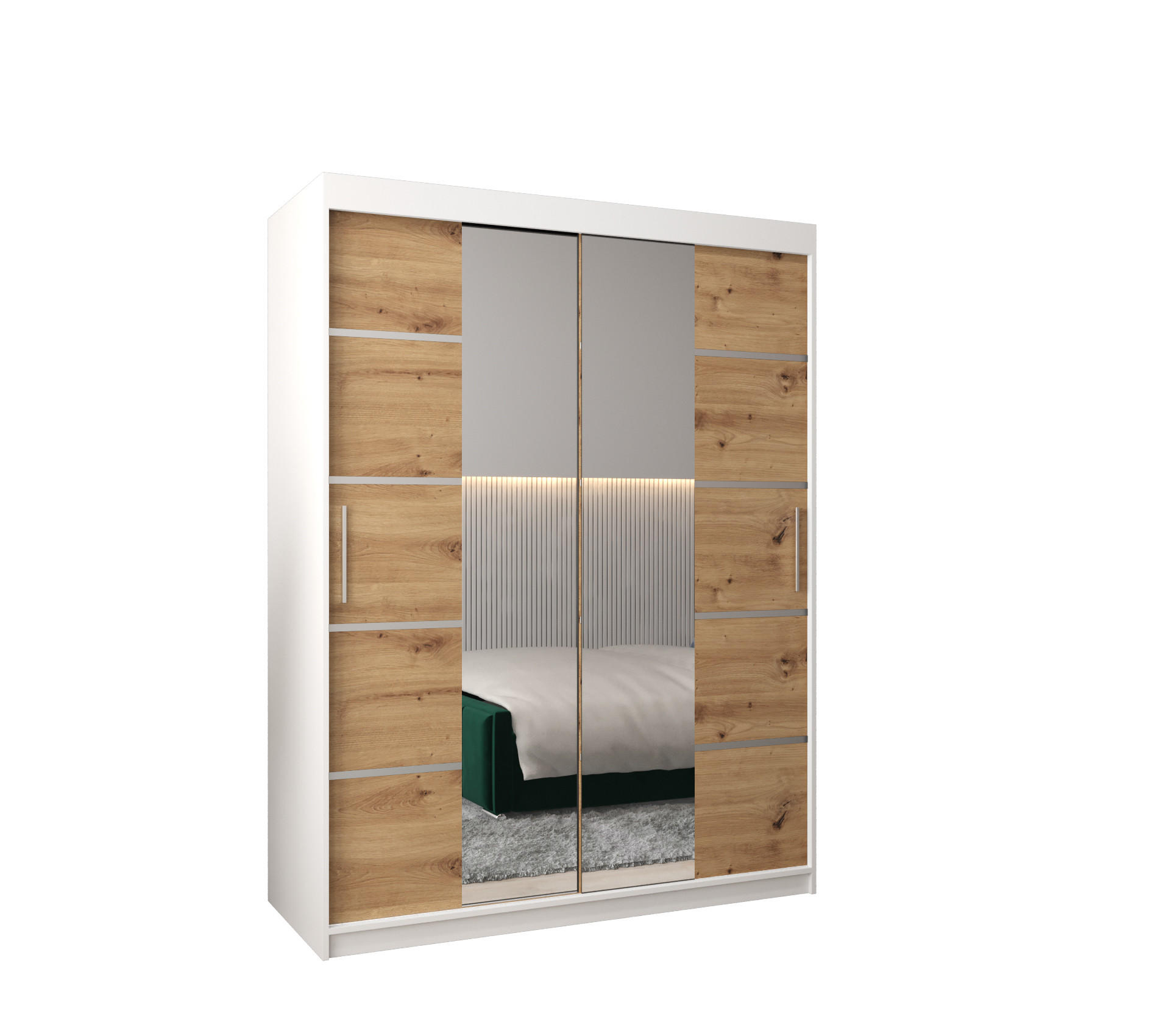 Abiks Möbel Schwebetürenschrank Weiß, Eiche Artisan, Silber 150x200x62 cm