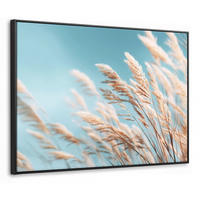 LEINWAND Bilder mit Rahmen - Ziergras - Wind - Hellbraun - 100x70 - Hellblau, Textil (100/70cm) - MuchoWow