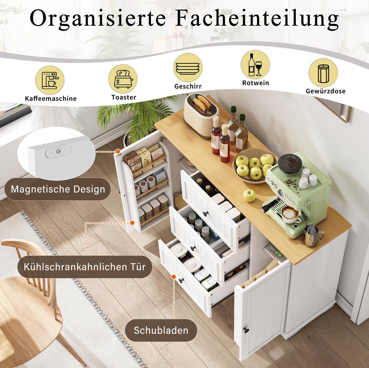 SIDEBOARD mit 3 Schubladen 126 x 40 x 86 cm MDF White 2-türig - Weiß, Holzwerkstoff (126/86/40cm) - Meubliv