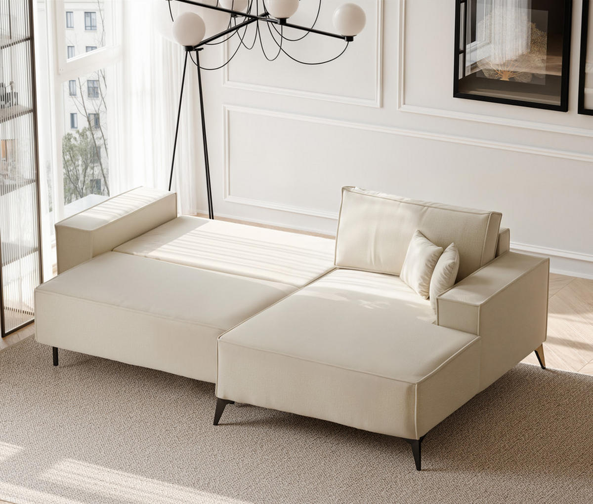 ECKSOFA OTIS Rechts, mit Schlaffunktion und Bettkasten, Creme - Creme, Textil/Metall (294/185cm) - Idohome