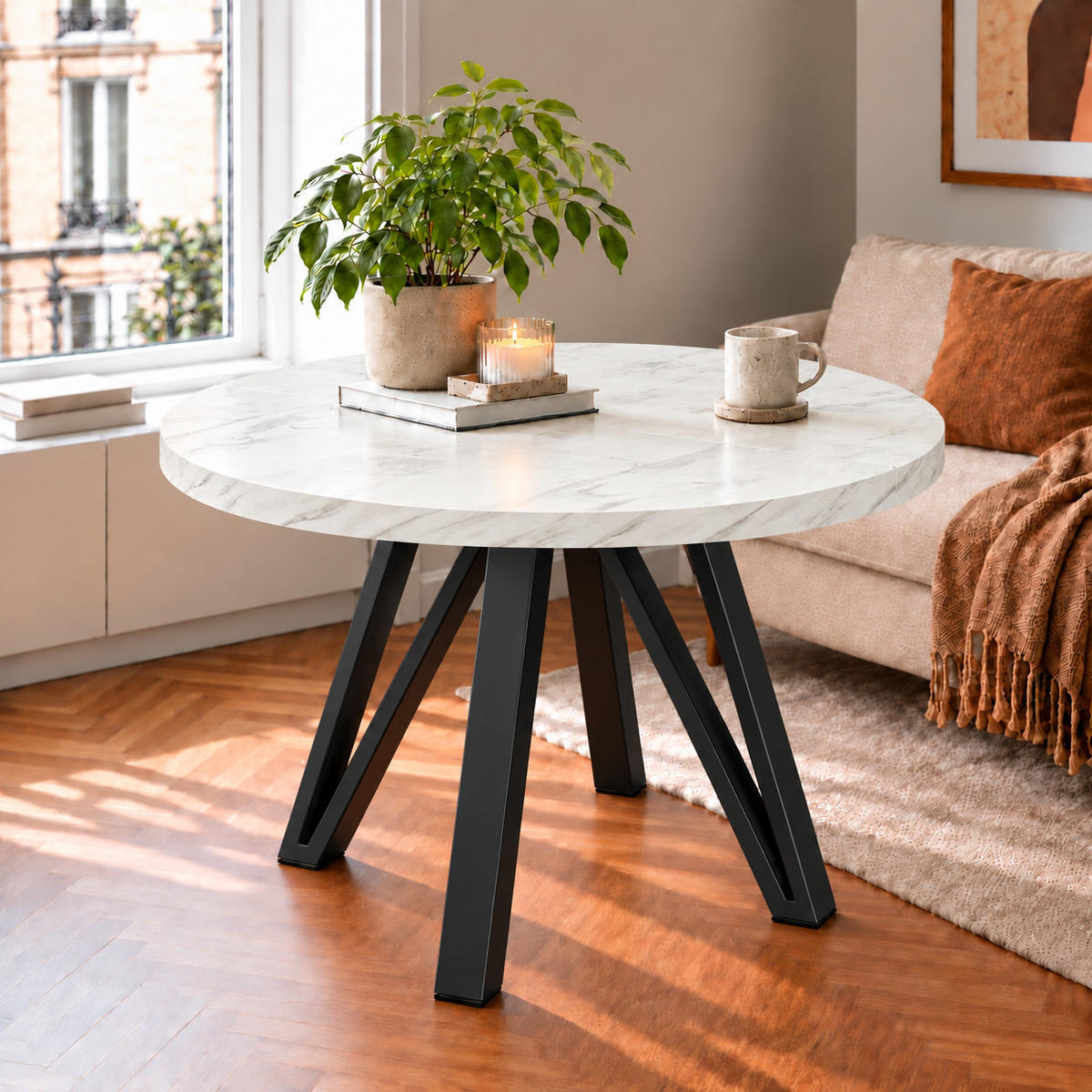 ESSTISCH rund ausziehbar 110/210/76 cm, Marmor, 54 cm Tischplatte + Industrial Metallgestell Schwarz - Hellgrau/Schwarz, Holzwerkstoff/Metall (110/210/76cm) - Damale Möbel