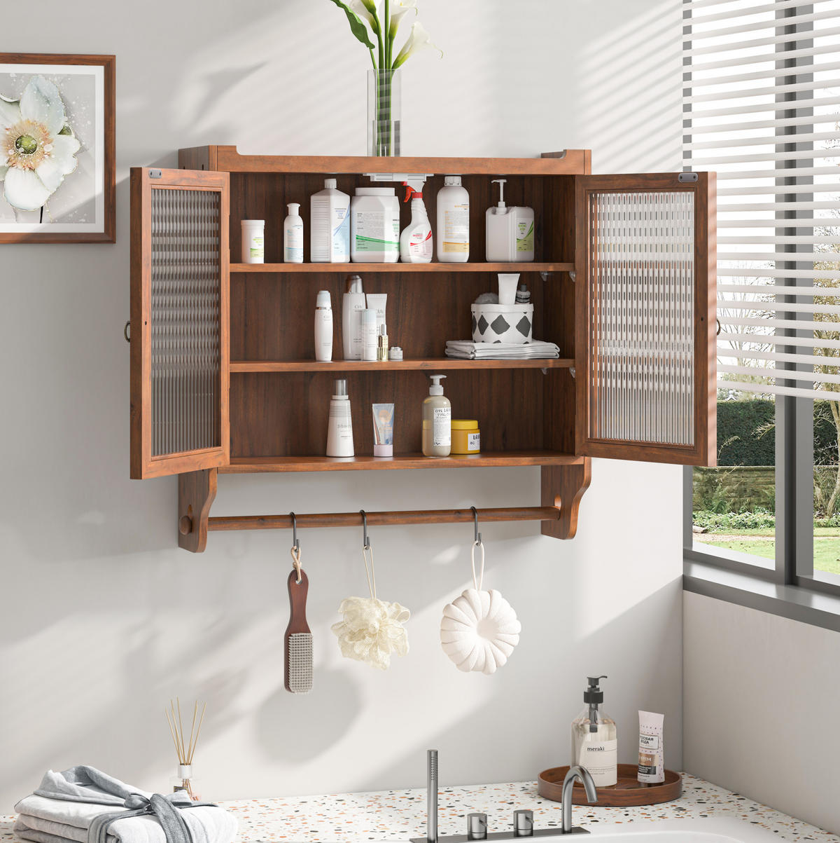 KÜCHENOBERSCHRANK 63/18/60 cm mit Glastüren, 3 Ablagen und Handtuchhalter aus Massivholz/MDF, Braun - Braun, Holzwerkstoff (63/60/18cm) - Redom