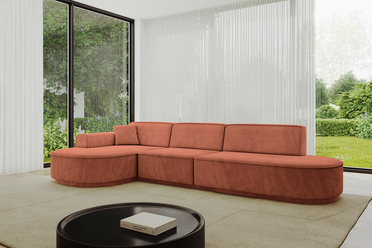 ECKSOFA Ottomane Links MARI-L2-v3 - 328x171x83 cm Koralle Velours - Koralle/Schwarz, Holzwerkstoff/Kunststoff (328/171cm) - ALTDECOR