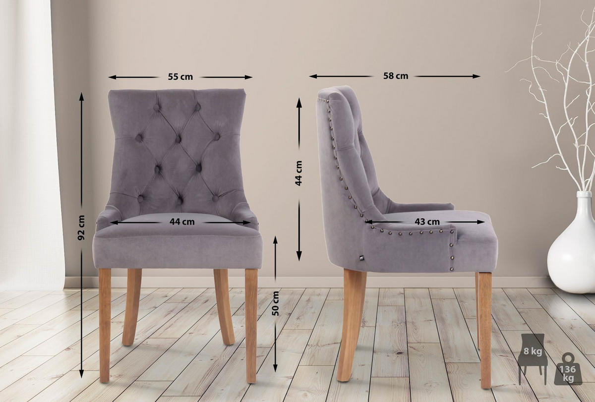 STUHL Samt grau - Naturfarben/Grau, Holz/Textil (55/92/58cm) - CLP