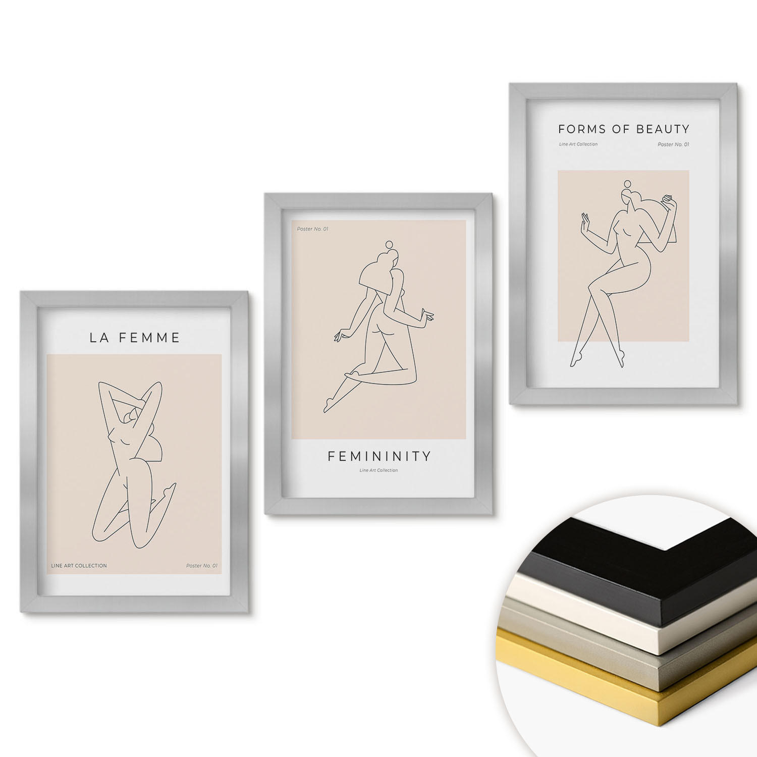 WANDBILDER 3er Set - 20x30 cm Silberner Rahmen - Poster mit minimalistischen Frauensilhouetten - Silberfarben, Kunststoff (20/30cm) - ArtPrintCave
