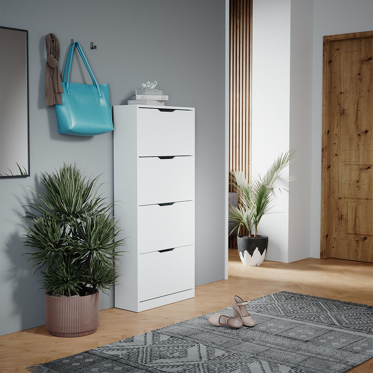 SCHUHKIPPER Luca Weiß 59 x 137 cm mit 4 Klappschubladen - Weiß, Holzwerkstoff (59/137/22cm) - Vicco