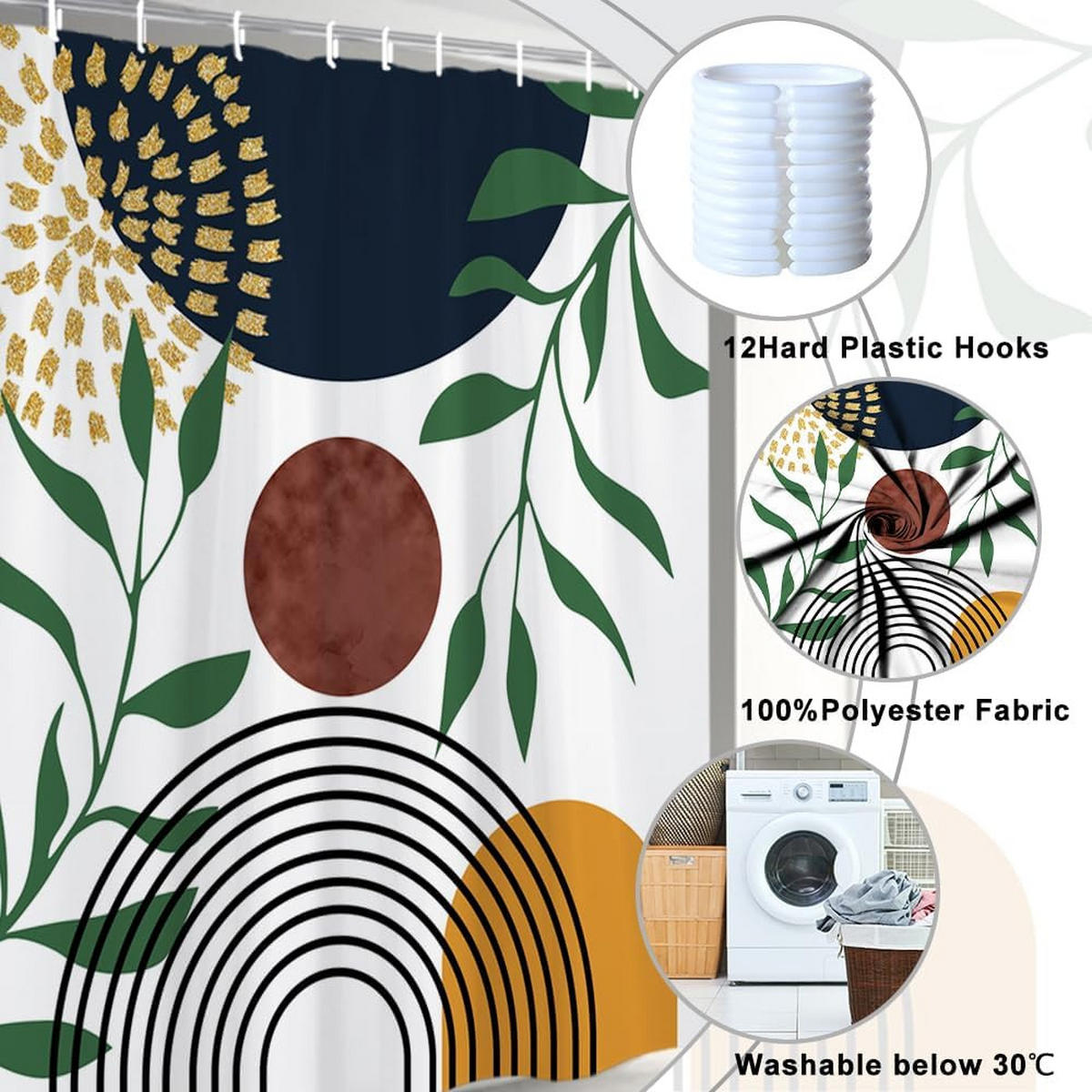 DUSCHVORHANG Muster Blatt Grün Boho geometrisch Badewanne schimmelresistent wasserdicht Stoff Polyester waschbar - Multicolor, Textil (180/180cm) - MCBOSON