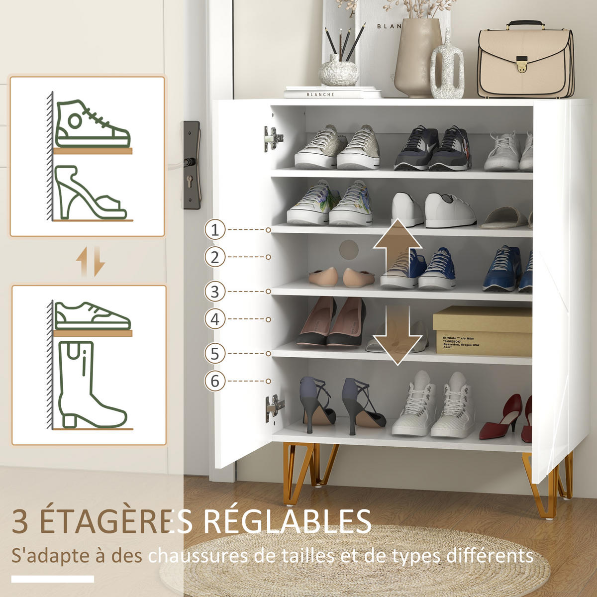 SCHUHSCHRANK DE-15016 2 Türen mit verstellbaren Böden Weiß Hochglanz - Weiß Hochglanz, Holzwerkstoff (72/95/31.5cm) - ComfortXL