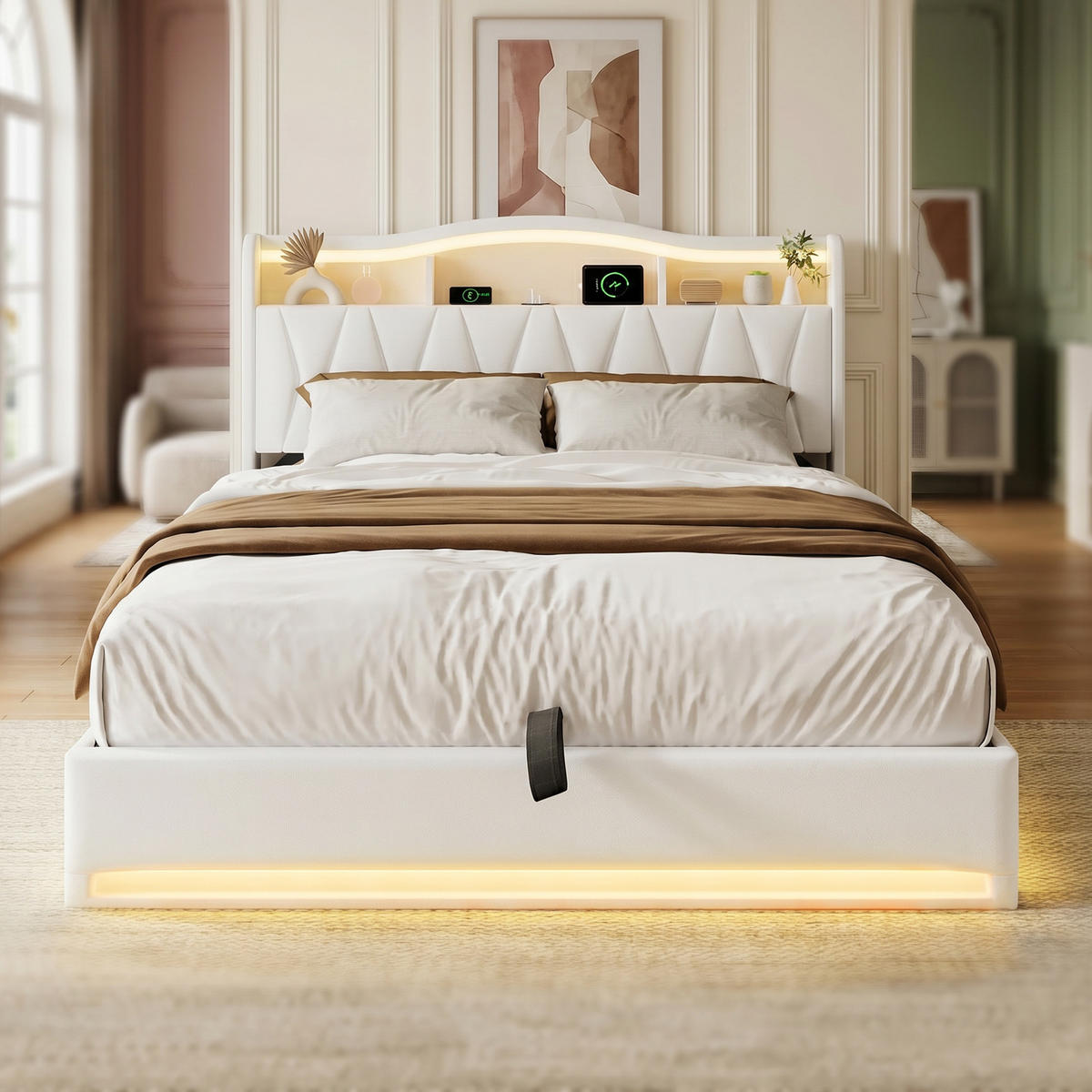 POLSTERBETT 140x200 mit stauraum, doppelbett mit LED, Bettkasten, Lattenrost, USB, Kopfteil, Samtstoff, Beige - Beige, Holz/Textil (140/200cm) - GENKI LIVING