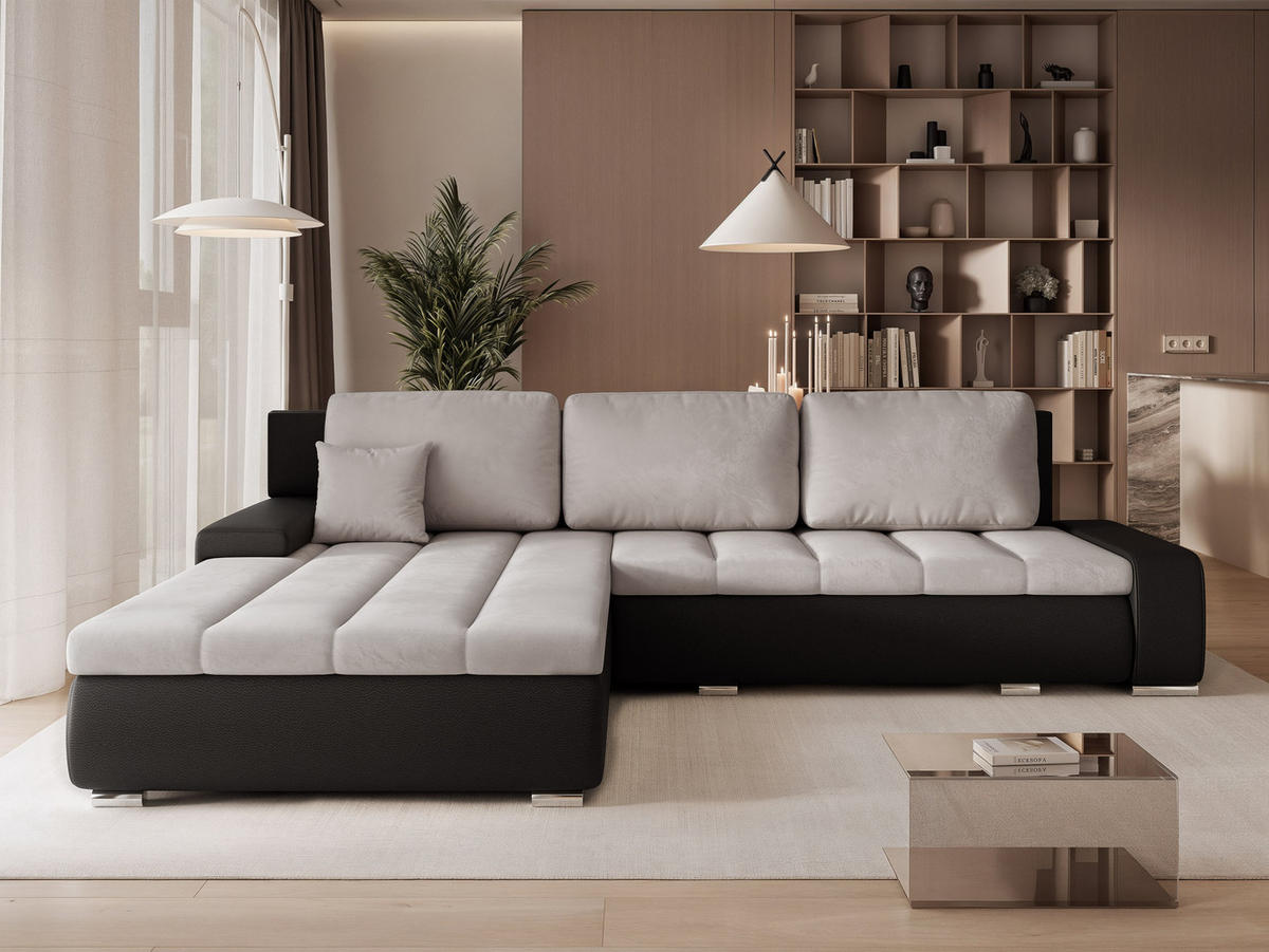 ECKSOFA VELANO mit Schlaffunktion und Bettkasten Schwarz/Hellgrau - Hellgrau, Holzwerkstoff/Kunststoff (250/90cm) - Idohome