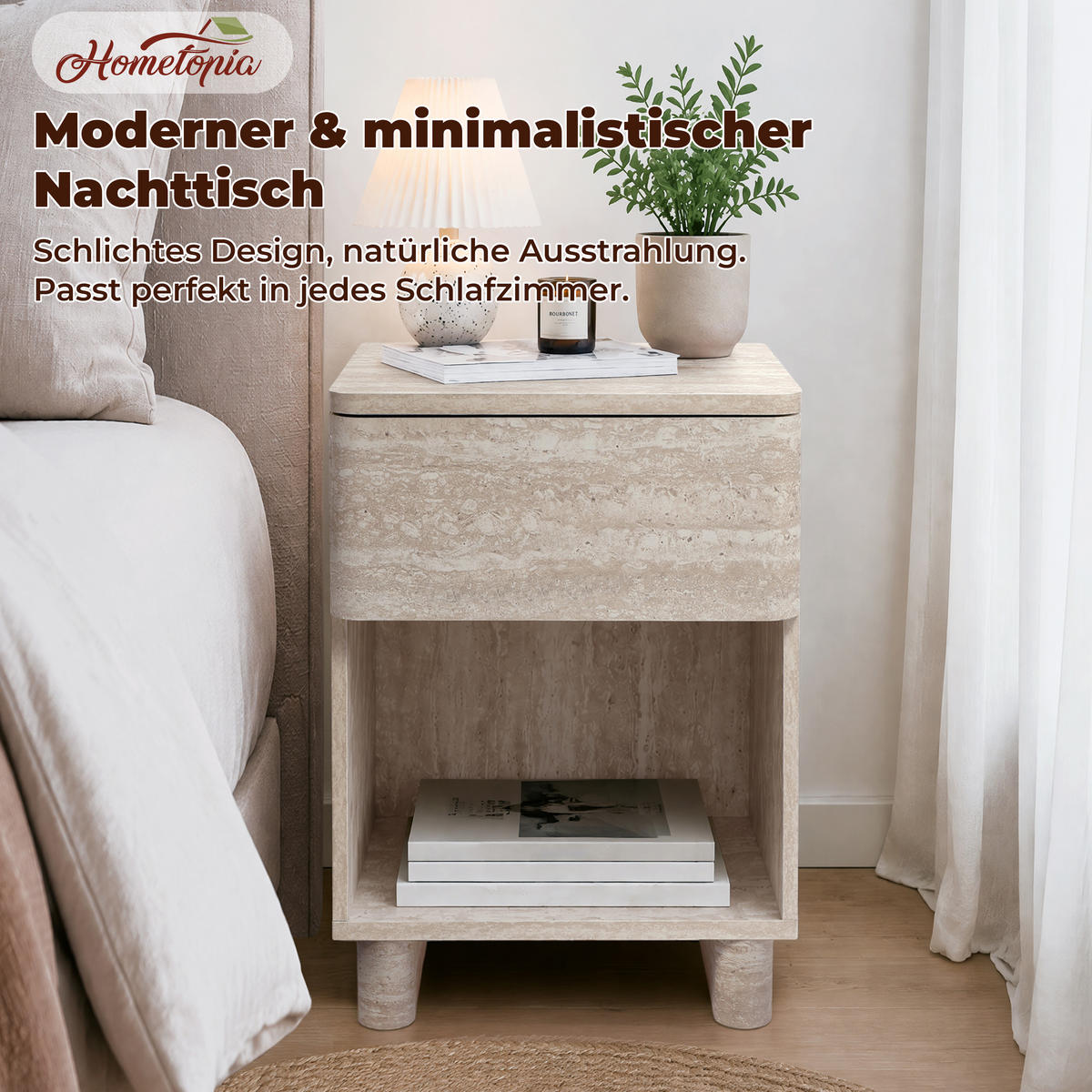 NACHTTISCH in Travertin-Optik | B53 x T45 x H50 cm - Beige, Holzwerkstoff (40/54/40cm) - Hometopia
